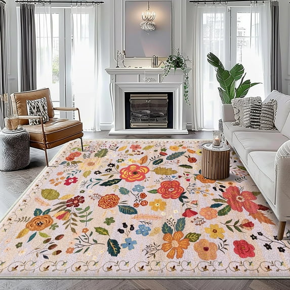 YIMEIS 8X10 Flower Area Rugs for Living Room, Non Slip Machine Washable Retro Rugs, Low Pile Chenille Print Rug for Bedroom, Dining Room, Home Office