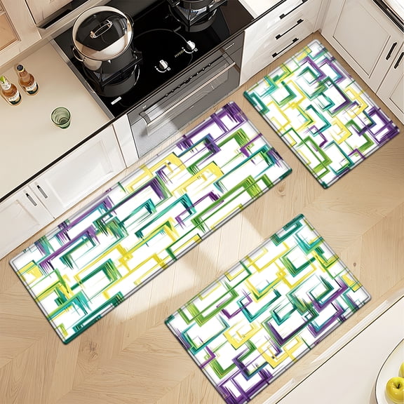 YIMEIS Abstract Geometric Colorful Frames Multi-purpose 3-Piece Flannel Mat and Kitchen Rugs,Soft Non-slip for Home Bedroom Bathroom