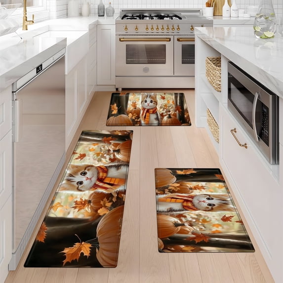 YIMEIS Autumn Pumpkin Cat Fall Kitchen Mats Set of 3,Xmas Winter Seasonal Farmhouse Home Seasonal Decorations Rugs for Floor - 16''*24'' and 20''*30'' and 17''*47'' in
