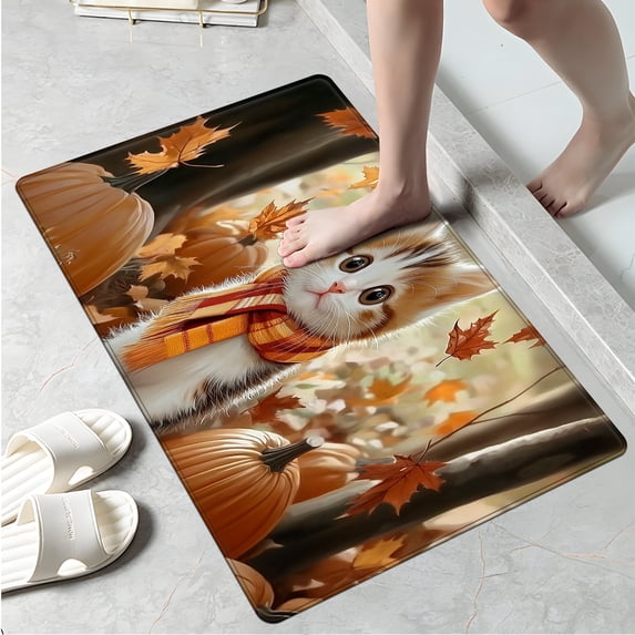 YIMEIS Autumn Pumpkin Cat Fall Kitchen Rugs, Xmas Holiday Kitchen Mat Decor Home Decorations, Green Christmas Mats for Kitchen Floor - 16''*24''