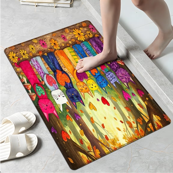 YIMEIS Autumn forest, rainbow cat 1Pc Flannel Mat and Kitchen Rugs,Soft Non-slip,Perfect for Home Bathroom
