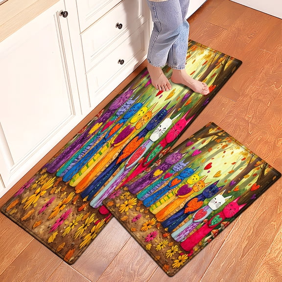 YIMEIS Autumn forest, rainbow cat 2Pcs Home Flannel Mat & Kitchen Rugs,Soft Non-slip for Bathroom  Entryway