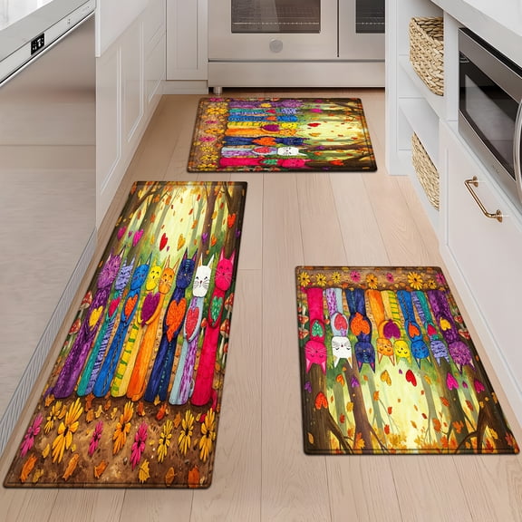YIMEIS Autumn forest, rainbow cat 3Pcs Flannel Mat & Kitchen Rugs Set,16''×24'' 20''×30'' 17''×47'' Inches,Soft Non-slip for Home Bathroom