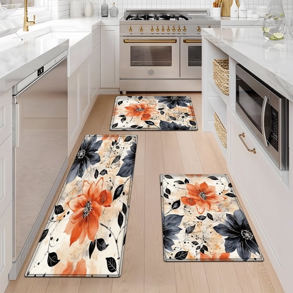 YIMEIS Autumnal Flower Language Floral rug 3Pcs Flannel Mat & Kitchen Rugs Set,16''×24'' 20''×30'' 17''×47'' Inches,Soft Non-slip for Home Bathroom