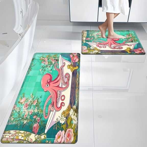 YIMEIS Bathtub octopus 15.7''*23.6''/17.7''*47.2'' Combo Flannel Mat, Non-Slip & Wear-Resistant, Multi-Use Rug for Bathtub Side & Bedside