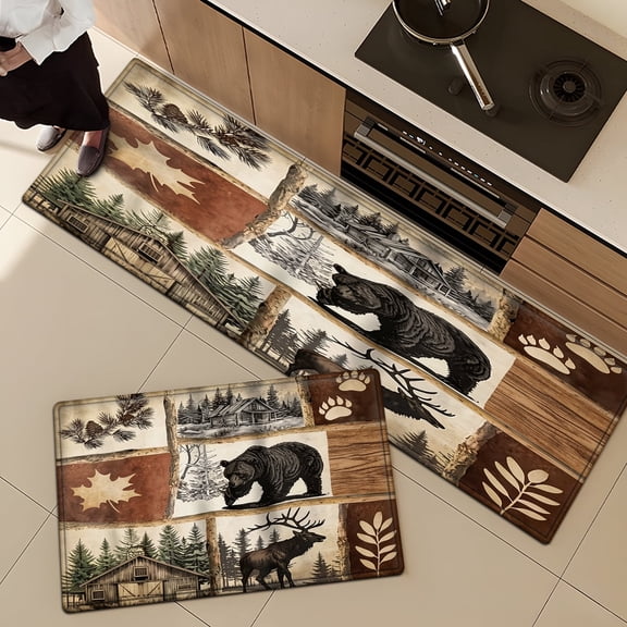 YIMEIS Bear and Deer Pictures in a Forest Cabin Daily Use 2Pcs Flannel Mat and Kitchen Rugs,Soft Non-slip for Home Entryway Bathroom