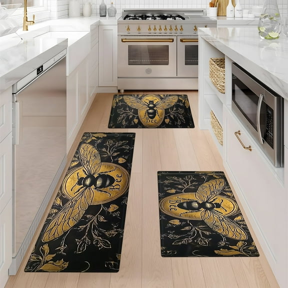 YIMEIS Bee Festival Machine Washable Non-Slip Rubberback Indoor Runner Rug/Area Rug for Kitchen, Hallway, Kitchen, Entryway, Bathroom, 3 Piece Set - 16''*24''/20''*32''/47''*18''
