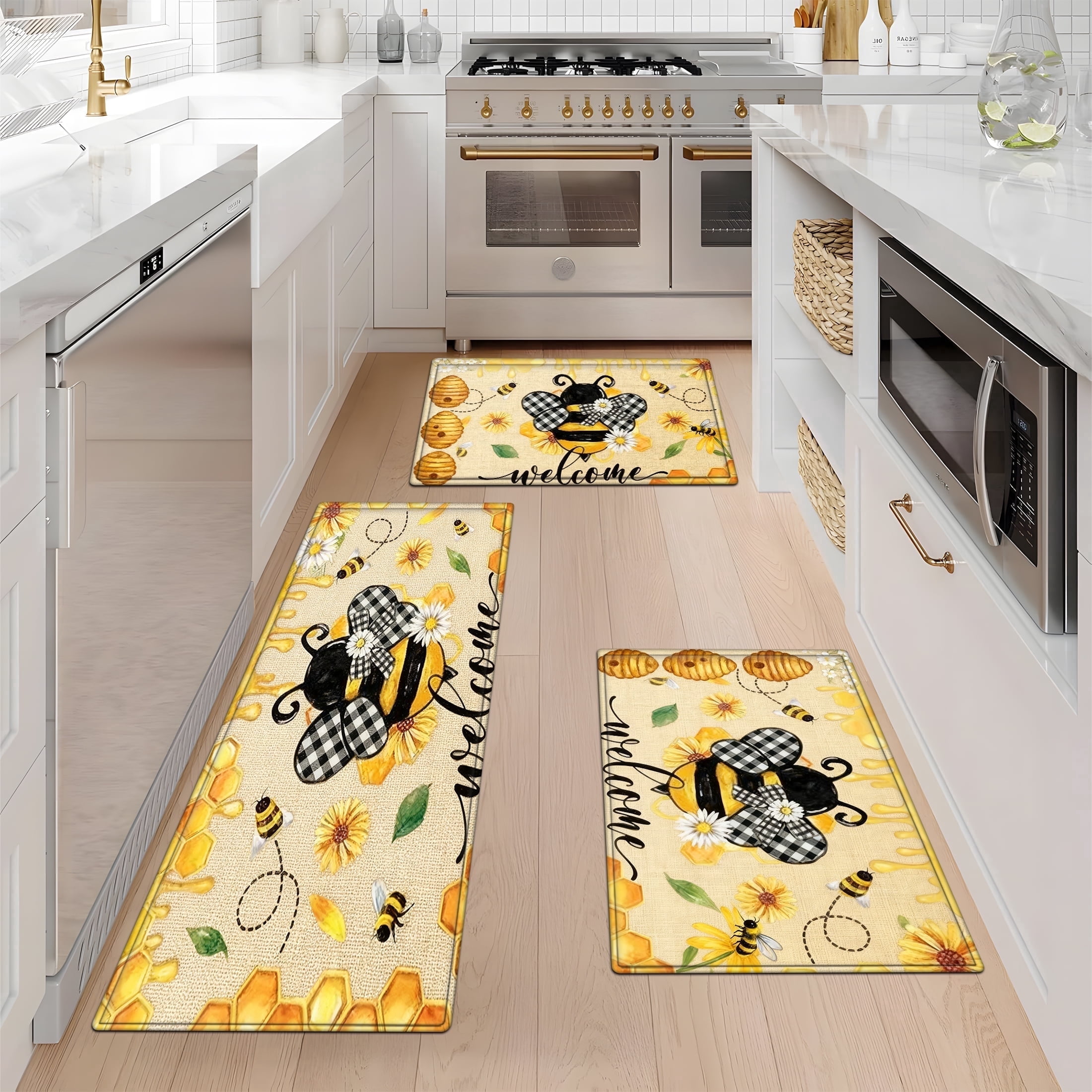Bee Kitchen Rug YIMEIS Bees, nectar, welcome Fall Kitchen Mats Set of 3,Xmas Winter ...