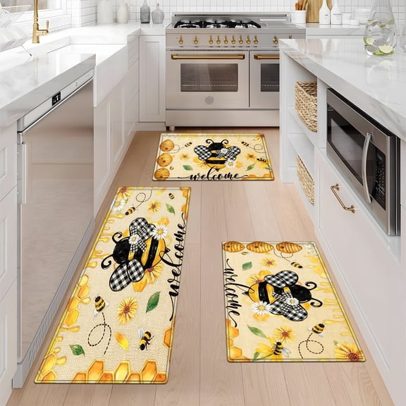 YIMEIS Bees, nectar, welcome Fall Kitchen Mats Set of 3,Xmas Winter Seasonal Farmhouse Home Seasonal Decorations Rugs for Floor - 16''*24'' and 20''*30'' and 17''*47'' in