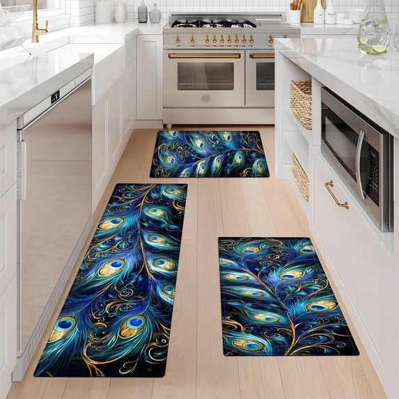 YIMEIS Blue Gold Festive Kitchen Decor Set of 3 Christmas Fall Kitchen Rugs, Xmas Decorative Farmhouse Floor Mats for Home Kitchen Dining Room Decorations - 16''*24'' and 20''*30'' and 17''*47'' inch
