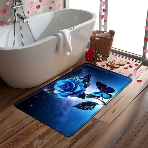 YIMEIS Blue Rose Soft Flannel Bath Mat, 15.7''*23.6'', Non-Slip, Rug for Bathroom Doorway & Entryway