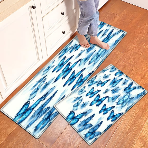 YIMEIS Blue Watercolor Butterfly Non-slip Soft 2-Piece Flannel Mat and Kitchen Rugs,Suitable for Bedroom Bathroom