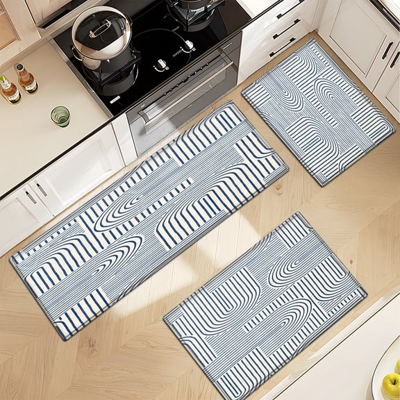 YIMEIS Blue and white line geometric patterns 3Pcs Everyday Flannel Mat & Kitchen Rugs,Soft Non-slip for Bathroom Bedroom