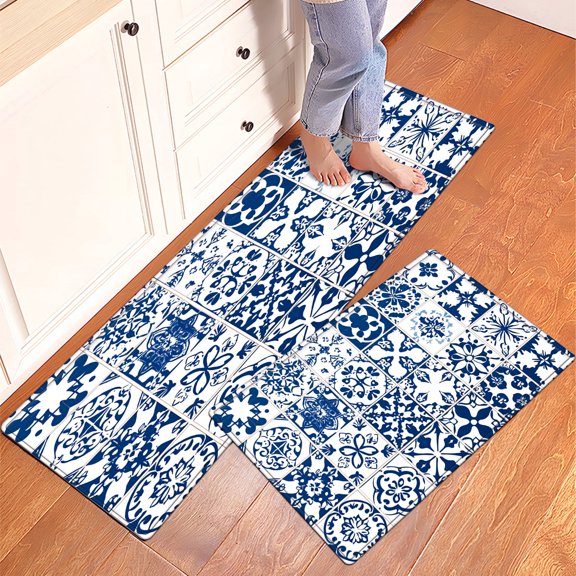 YIMEIS Blue and white porcelain pattern display Fall Kitchen Rugs Set of 2, Holiday Kitchen Mat Decor Home Decorations, Green Mats for Kitchen Floor - 16''*24'' and 17''*47'' in