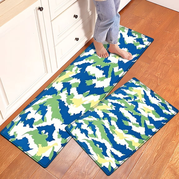 YIMEIS Camouflage Style Blue-Green Ripples Soft Non-slip 2Pcs Flannel Mat and Kitchen Rugs,16''x24'' & 17''x47'',for Bathroom Entryway Bedroom
