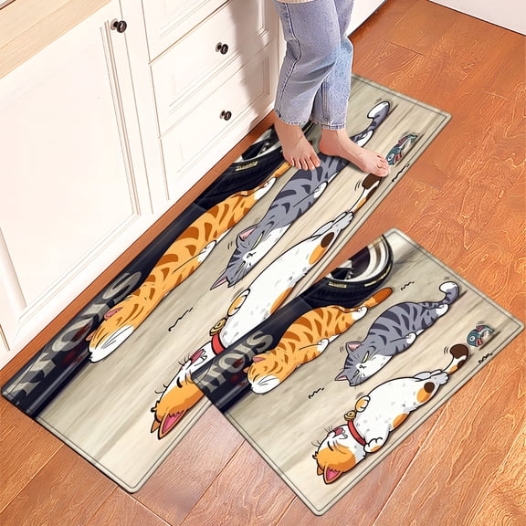 YIMEIS Cat Day Nap Fall Kitchen Rugs Set of 2, Xmas Holiday Kitchen Mat Decor Home Decorations, Green Christmas Mats for Kitchen Floor - 16''*24'' and 17''*47'' in