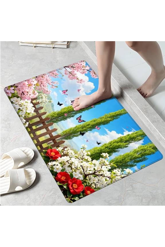 Cherry blossoms in full bloom and butterflies in spring Kitchen Mat Rug - 1Pcs Perfect for Kitchen Counter, 16''*24'', Functional for Decoration