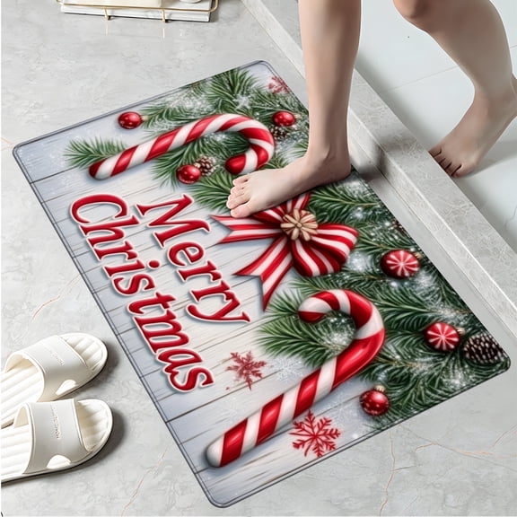 YIMEIS Christmas Candy Canes Bow Kitchen Mat Washable Non-Skid Absorbent Runner Rugs 16''24'' - 1 Pc Recommended for Kitchen Sink Front/Floor, Suitable for All Age Groups