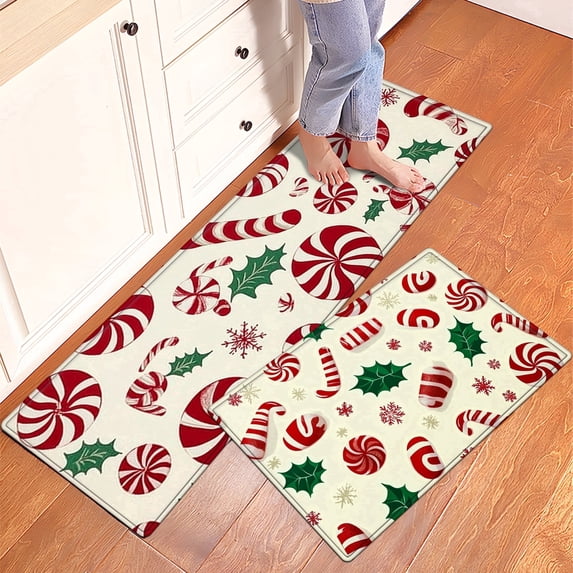 YIMEIS Christmas Candy Snowflake Christmas Tree Fall Kitchen Rugs Set of 2, Xmas Holiday Kitchen Mat Decor Home Decorations, Green Christmas Mats for Kitchen Floor - 16''*24'' and 17''*47'' in