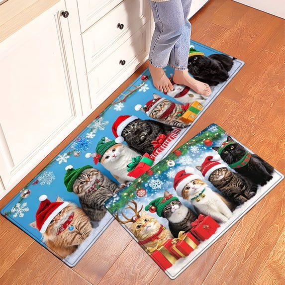 YIMEIS Christmas Cats Kitchen Decor Set of 2 Christmas Fall Kitchen Rugs, Xmas Decorative Farmhouse Floor Mats for Home Kitchen Dining Room Decorations - 16''*24'' and 17''*47'' inch