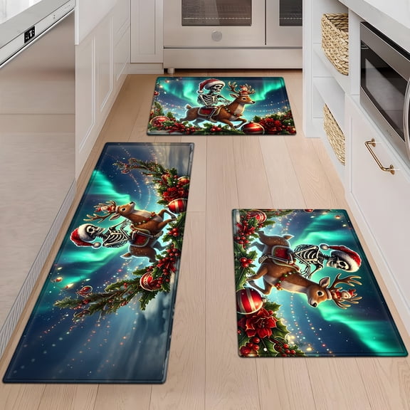 YIMEIS Christmas Fantasy Skeleton Reindeer Multi-purpose 3-Piece Flannel Mat and Kitchen Rugs,Soft Non-slip for Home Bedroom Bathroom