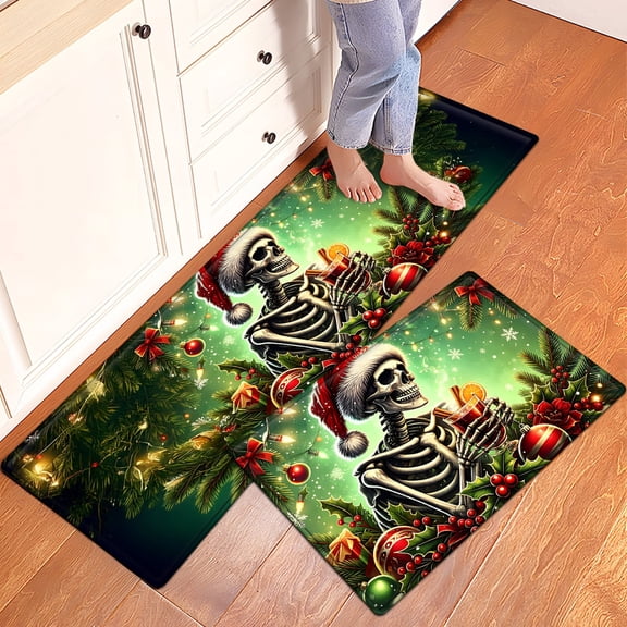 YIMEIS Christmas Green Skull Mulled Wine Flannel Floor Mat & Kitchen Rugs 2-Piece Set,Soft Non-slip for Bathroom Entryway Bedroom