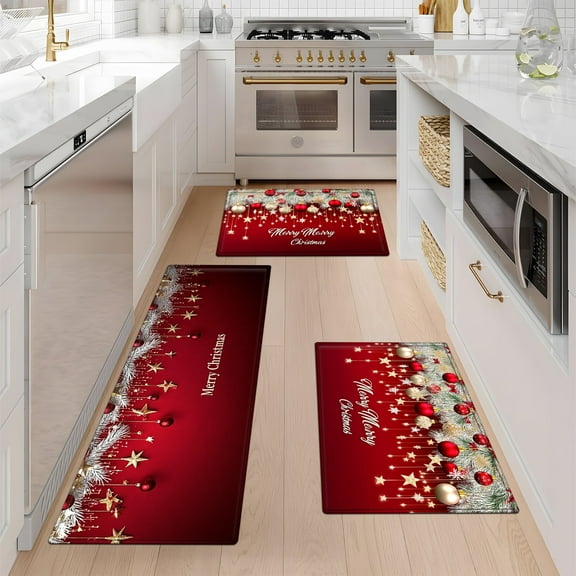 YIMEIS Christmas Red Background Fall Kitchen Rugs Set of 3, Xmas Holiday Kitchen Mat Decor Home Decorations, Green Christmas Mats for Kitchen Floor - 16''*24'' and 20''*30'' and 17''*47'' in