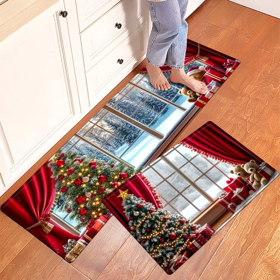 YIMEIS Christmas decoration Kitchen rugs Washable flannel Printed Area Rug and Mats DoorMats, bath mat,Autumn and Winter Festival Decoration-Christmas tree 15.7'' x 23.6''+17.7'' x 47.2''