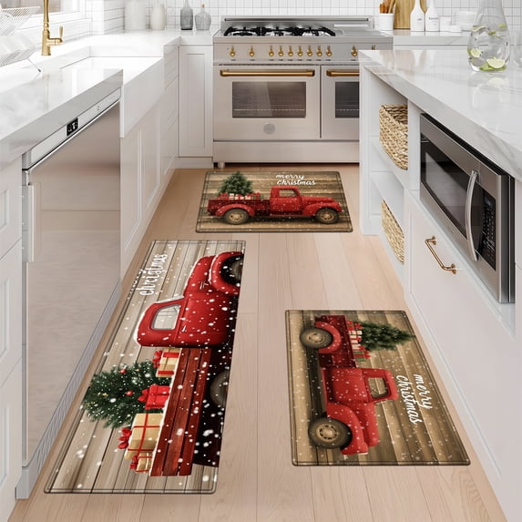 YIMEIS Christmas red car gift box Kitchen Mat Rug Set - Perfect for Kitchen Counter, 16''*24''/20''*32''/47''*18'', Functional for Decoration