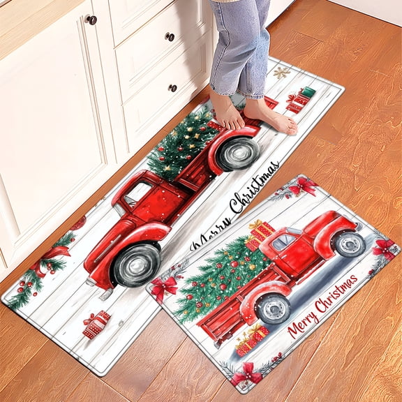 YIMEIS Christmas truck Fall Kitchen Mats Set of 2,Xmas Winter Seasonal Farmhouse Home Seasonal Decorations Rugs for Floor - 16''*24'' and 17''*47'' in