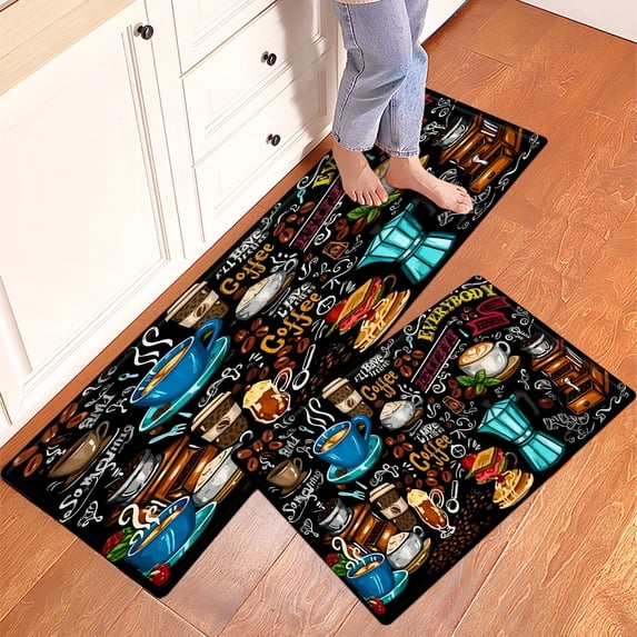 YIMEIS Coffee Bean Blue Cup Kitchen Mat Rug Set - 2 Pcs Perfect for Kitchen Counter, 16''*24''/47''*18'', Functional for Decoration
