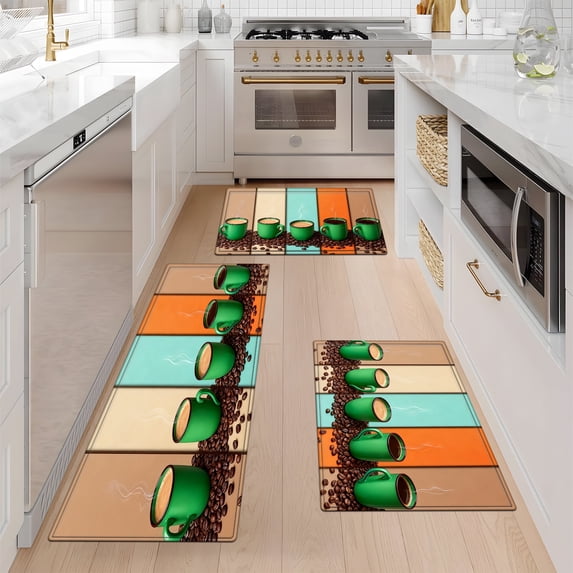 YIMEIS Coffee Festival coffee beans Fall Kitchen Rugs Set of 3, Xmas Holiday Kitchen Mat Decor Home Decorations, Green Christmas Mats for Kitchen Floor - 16''*24'' and 20''*30'' and 17''*47'' in