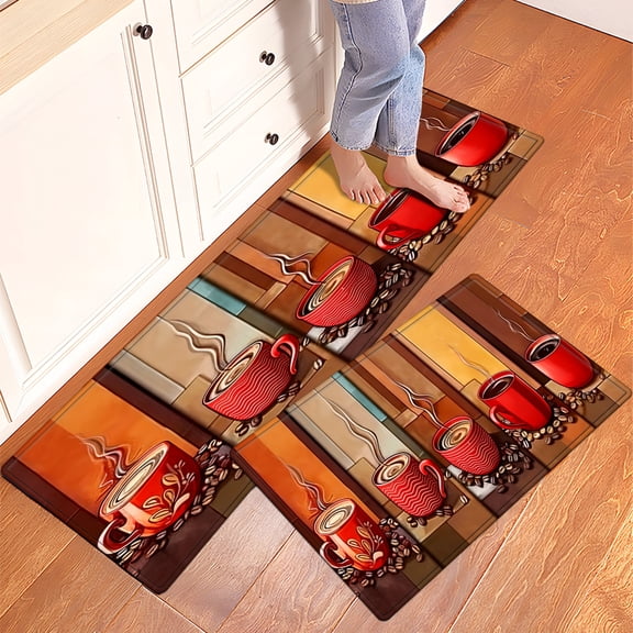 YIMEIS Coffee Red Cup Fall Kitchen Mats Set of 2,Xmas Winter Seasonal Farmhouse Home Seasonal Decorations Rugs for Floor - 16''*24'' and 17''*47'' in