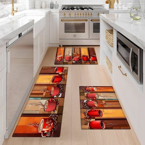 YIMEIS Coffee Red Cup Machine Washable Non-Slip Rubberback Indoor Runner Rug/Area Rug for Kitchen, Hallway, Kitchen, Entryway, Bathroom, 3 Piece Set - 16''*24''/20''*32''/47''*18''