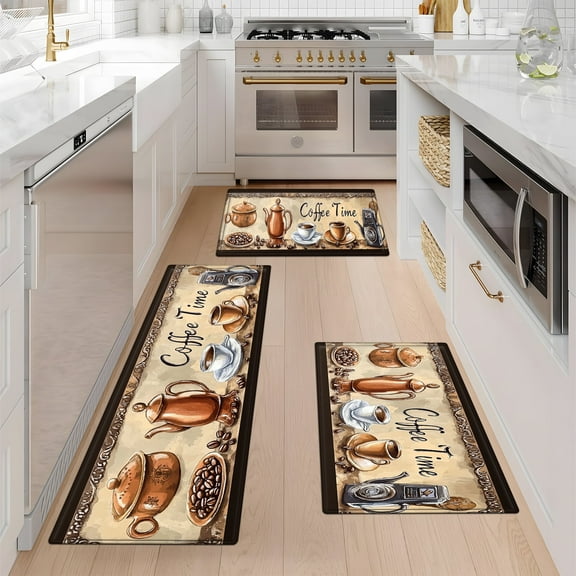 YIMEIS Coffee Time Kitchen Decor Set of 3 Christmas Fall Kitchen Rugs, Xmas Decorative Farmhouse Floor Mats for Home Kitchen Dining Room Decorations - 16''*24'' and 20''*30'' and 17''*47'' inch