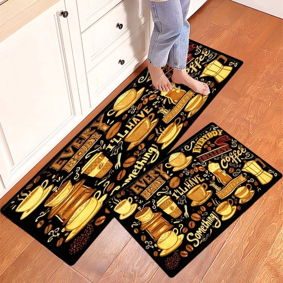 YIMEIS Coffee bean on black background Kitchen Mat Washable Non-Skid Absorbent Runner Rugs (16''24''/47''18'') - 2 Pcs Recommended for Kitchen Sink Front/Floor, Suitable for All Age Groups
