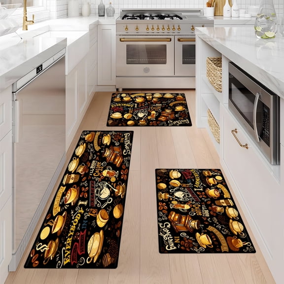 YIMEIS Coffee cups, coffee beans Kitchen Mat Rug Set - 3 Pcs Perfect for Kitchen Counter, 16''*24''/20''*32''/47''*18'', Functional for Decoration