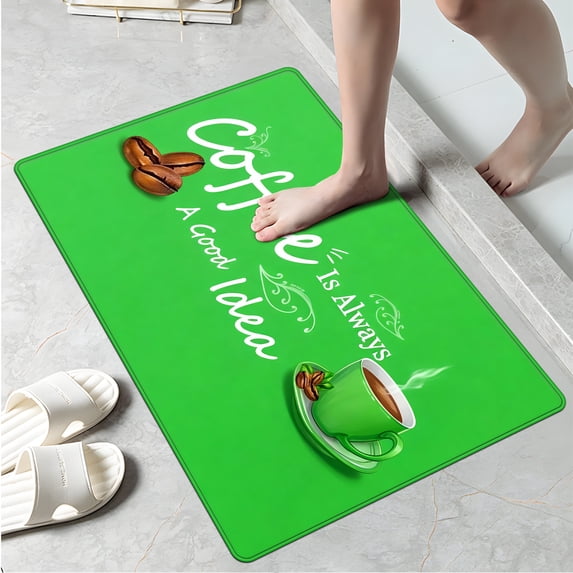 YIMEIS Coffee on green background Fall Kitchen Rugs, Xmas Holiday Kitchen Mat Decor Home Decorations, Green Christmas Mats for Kitchen Floor - 16''*24''