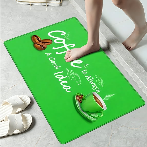 YIMEIS Coffee on green background Fall Kitchen Rugs, Xmas Holiday Kitchen Mat Decor Home Decorations, Green Christmas Mats for Kitchen Floor - 16''*24''