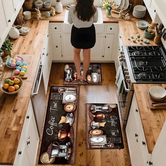 YIMEIS Coffee time Kitchen Rug Set 3Pcs, Flannel Non-Slip Machine Washable Floor Mats for Kitchen Sink, Entryway & Bathroom