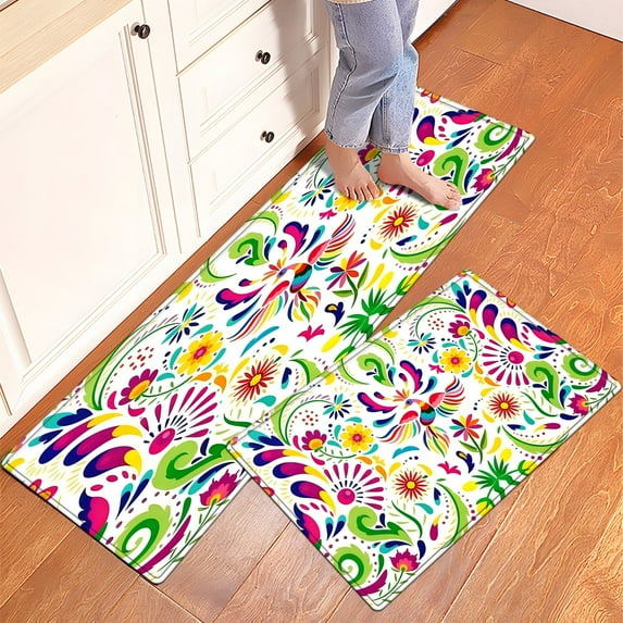 YIMEIS Colorful Flower and Colorful Bird Machine Washable Non-Slip Rubberback Indoor Runner Rug/Area Rug for Kitchen, Hallway, Kitchen, Entryway, Bathroom, 2 Piece Set - 16''*24''/47''*18''