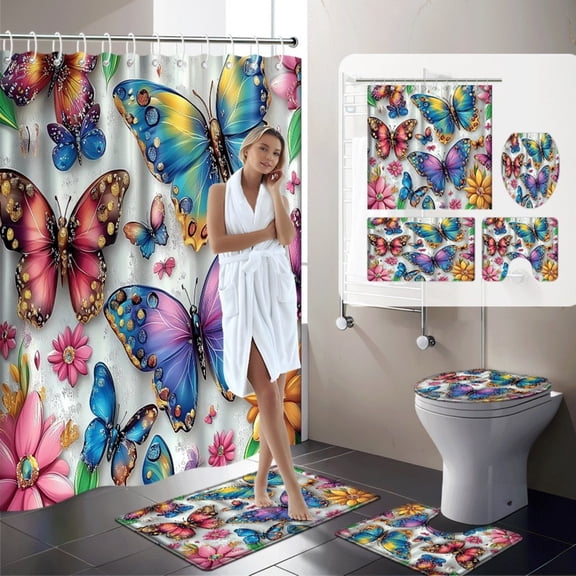 YIMEIS-Colorful floral and butterfly printed shower curtain set,Polyester Fashionable Bathroom Decoration,Comes with 12 Curtain Hooks,Includes Bath mat,Used for Home Decoration