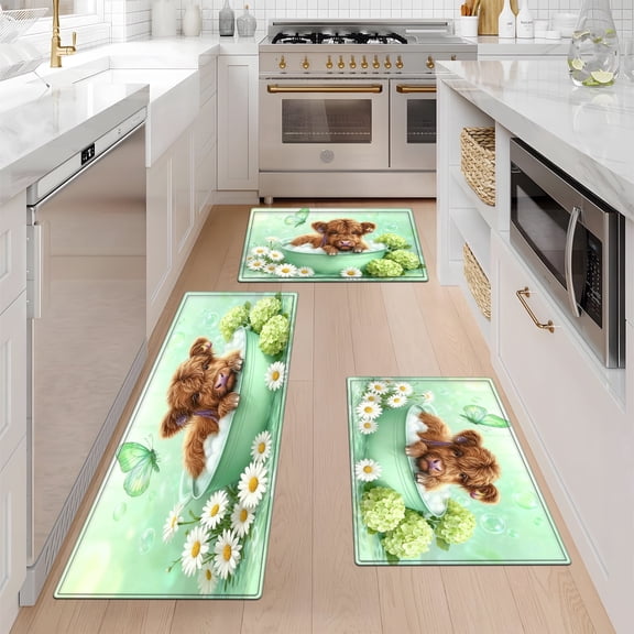 YIMEIS Cow flower and butterfly Machine Washable Non-Slip Rubberback Indoor Runner Rug/Area Rug for Kitchen, Hallway, Kitchen, Entryway, Bathroom, 3 Piece Set - 16''*24''/20''*32''/47''*18''