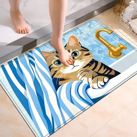 YIMEIS Cute Cat 17.7''*47.2'' Long Flannel Bath Mat, Non-Slip, Anti-Skid Rug for Bathroom Aisle & Bathtub Side