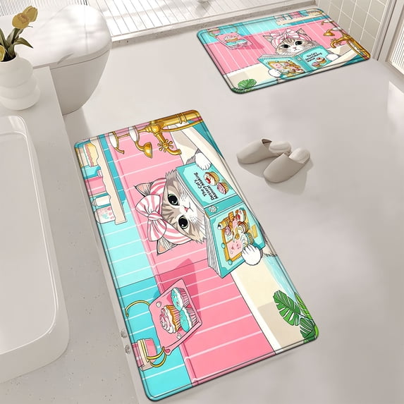 YIMEIS Cute Cat Full-House Coverage Flannel Mat Set 19.7''*31.5''/17.7''*47.2'', Soft & Non-Slip, Multi-Use Rug for Bathroom, Bedroom & Hallway