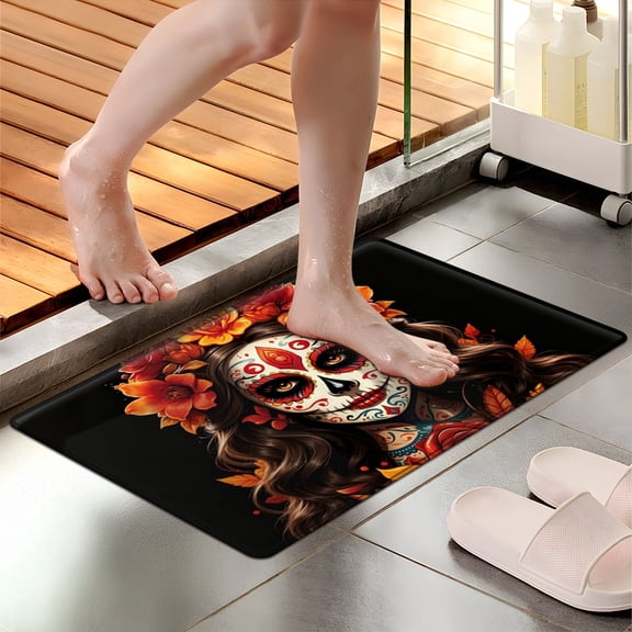YIMEIS Day of the Dead Skull and Corolla Soft Touch 1Pc Flannel Mat & Kitchen Rugs,Non-slip for Home Decoration Bathroom Entry