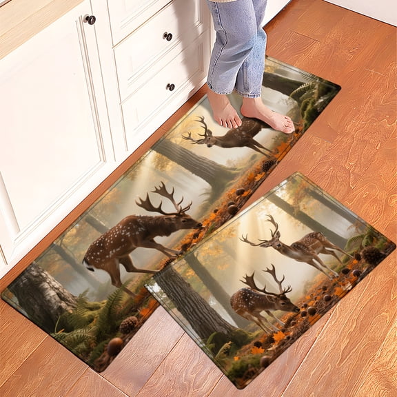YIMEIS Deer scenery in autumn Fall Kitchen Mats Set of 2,Xmas Winter Seasonal Farmhouse Home Seasonal Decorations Rugs for Floor - 16''*24'' and 17''*47'' in