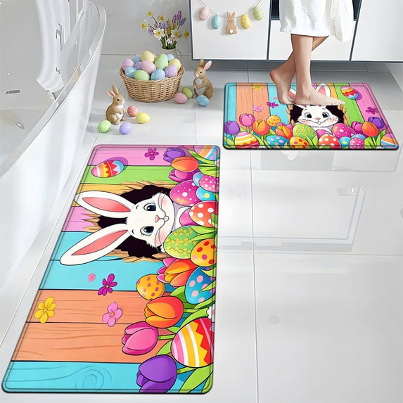 YIMEIS Easter Bunny Egg 19.7''*31.5''/17.7''*47.2'' Combo Flannel Mat, Non-Slip, Wear-Resistant Rug for Bathroom & Balcony