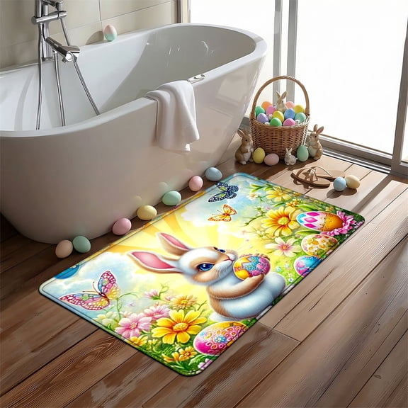 YIMEIS Easter Bunny Egg Non-Slip Skin-Friendly Flannel Mat 15.7''*23.6'', Rug for Post-Shower Bathroom, Wear-Resistant Mat for Bedroom
