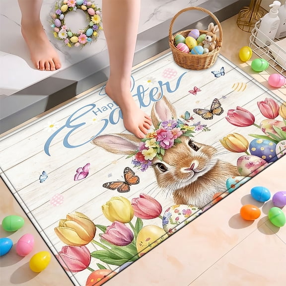 YIMEIS Easter Bunny Eggs 15.7''*23.6'' Flannel Mat, Multi-Scene Non-Slip Rug, Universal Soft Mat for Bathroom, Kitchen & Balcony